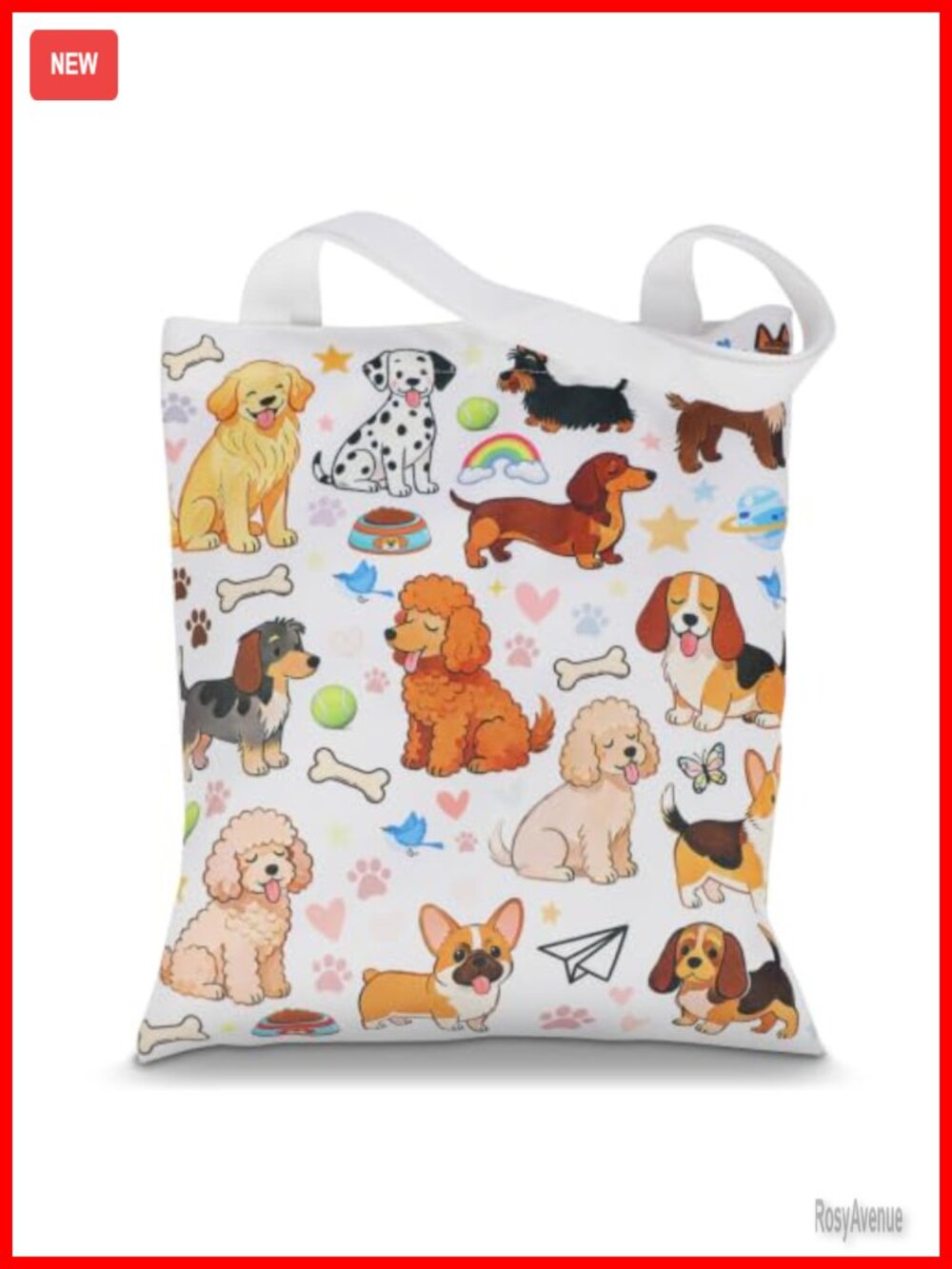 Canvas Tote Bag with Buckle & Zip Pocket Dog Print Shoulder Bag
